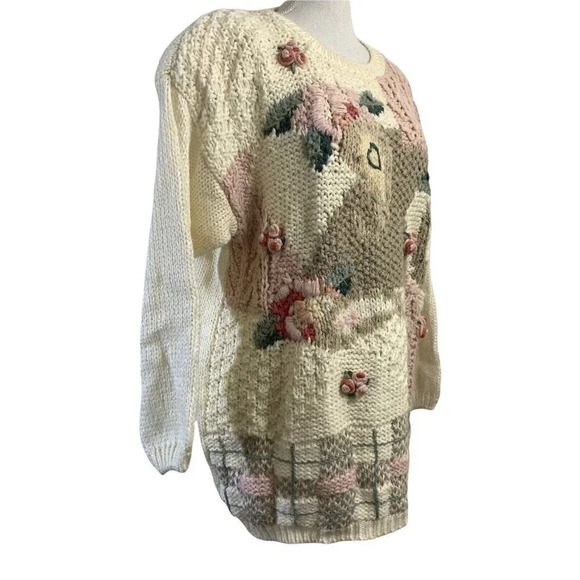 Classic Elements Vintage Chunky Hand Knit Sweater White Pink Flower Appliqué L - Picture 2 of 12